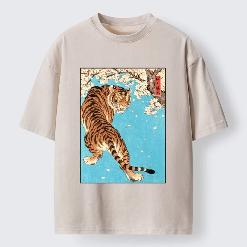 Tokyo-Tiger Fierce Tiger And Sakura Petals Washed T-Shirt
