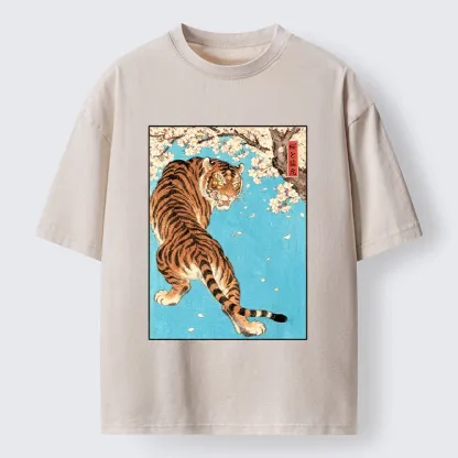 Tokyo-Tiger Fierce Tiger And Sakura Petals Washed T-Shirt