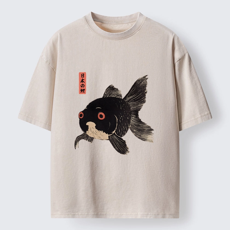Tokyo-Tiger Japanese Black Goldfish Art Washed T-Shirt