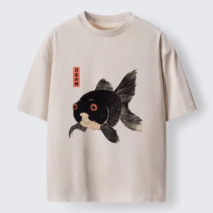 Tokyo-Tiger Japanese Black Goldfish Art Washed T-Shirt