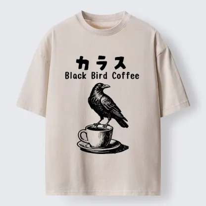 Tokyo-Tiger Black Bird Coffee Break Meme Washed T-Shirt