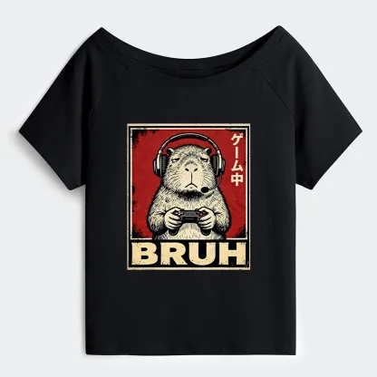 Tokyo-Tiger Funny Capybara Playing Games Off Shoulder T-Shirt