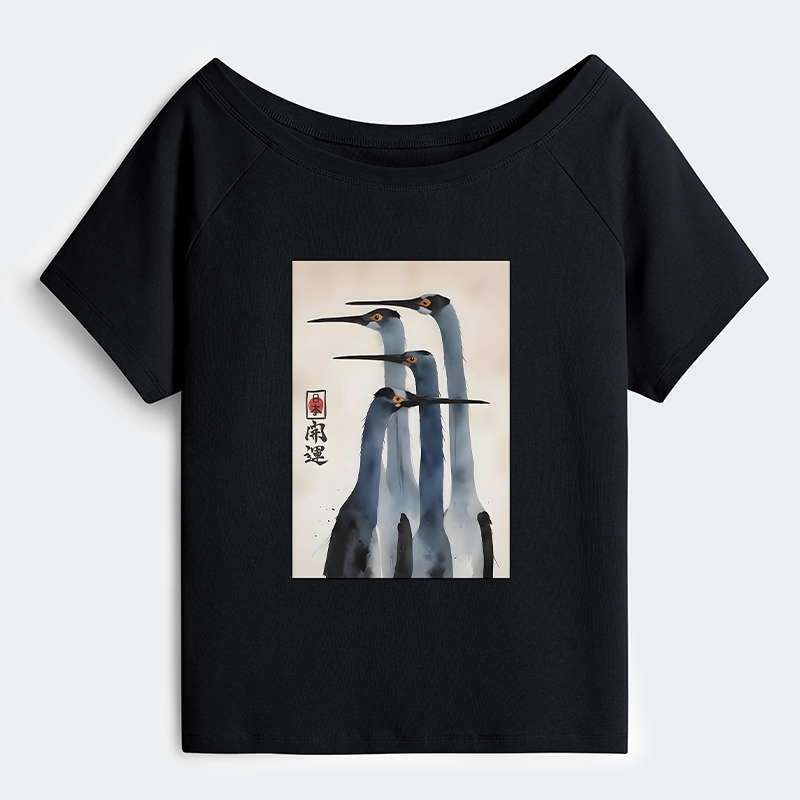 Tokyo-Tiger Retro Sandhill Crane Off Shoulder T-Shirt