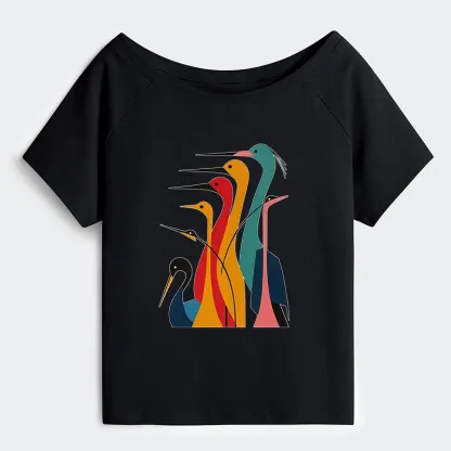 Tokyo-Tiger  Various Types Of Cranes Off Shoulder T-Shirt