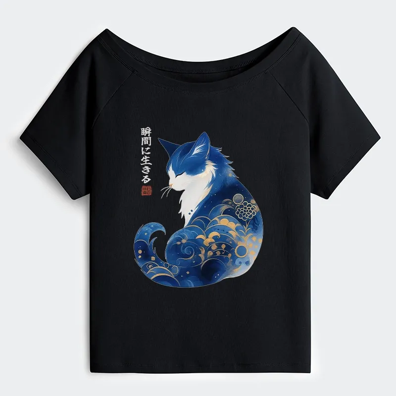 Tokyo-Tiger Retro Zen Cat: Living the Present Off Shoulder T-Shirt