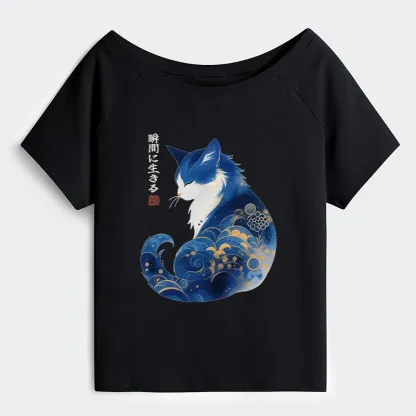 Tokyo-Tiger Retro Zen Cat: Living the Present Off Shoulder T-Shirt