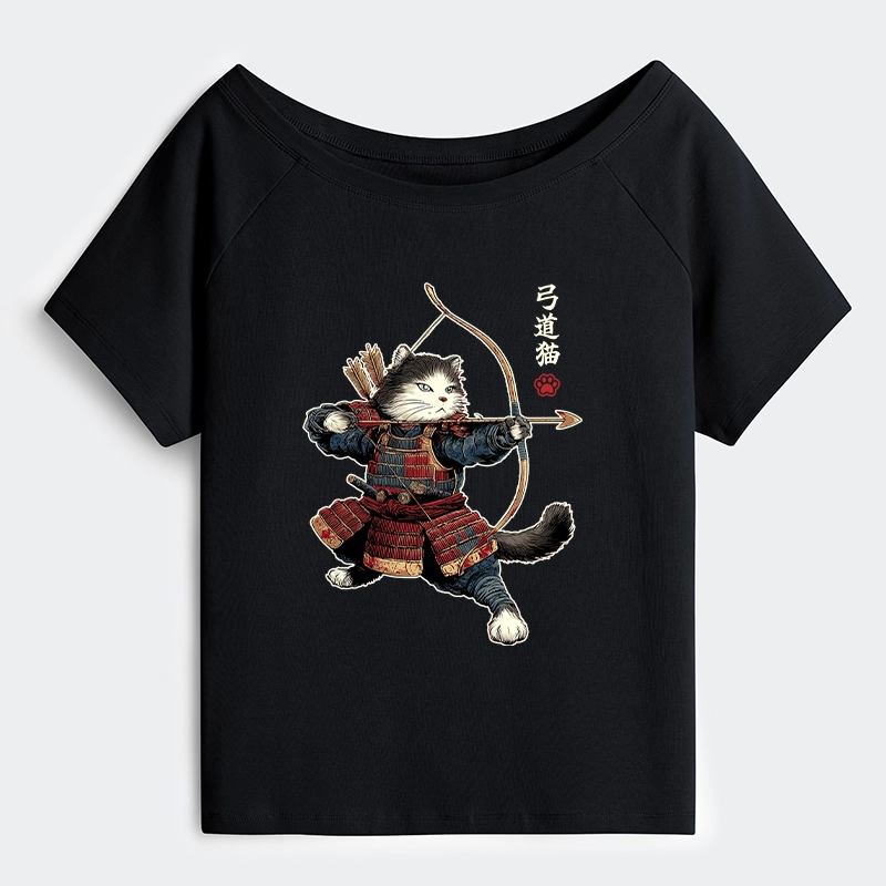 Tokyo-Tiger Kyudo Samurai Cat Off Shoulder T-Shirt