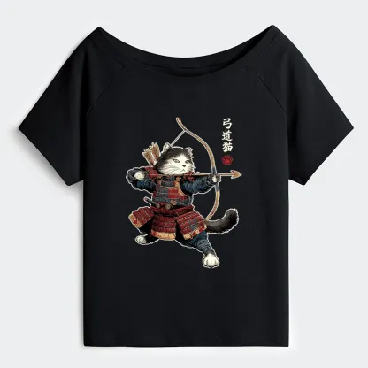 Tokyo-Tiger Kyudo Samurai Cat Off Shoulder T-Shirt