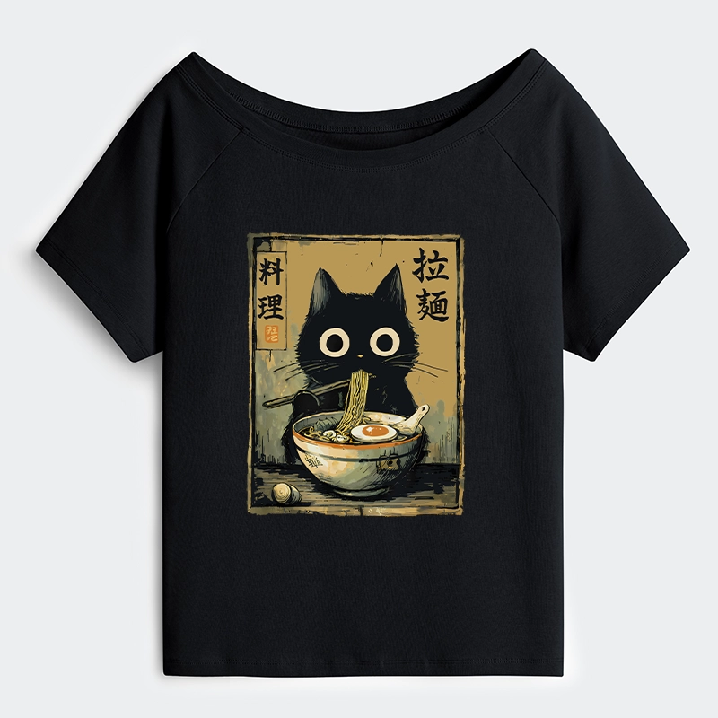 Tokyo-Tiger Cute Black Cat Eating Ramen Japan Off Shoulder T-Shirt