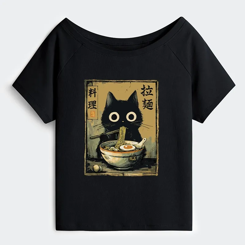 Tokyo-Tiger Cute Black Cat Eating Ramen Japan Off Shoulder T-Shirt Sale