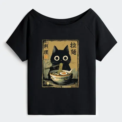 Tokyo-Tiger Cute Black Cat Eating Ramen Japan Off Shoulder T-Shirt