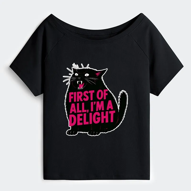 Tokyo-Tiger Roaring Black Cat Off Shoulder T-Shirt