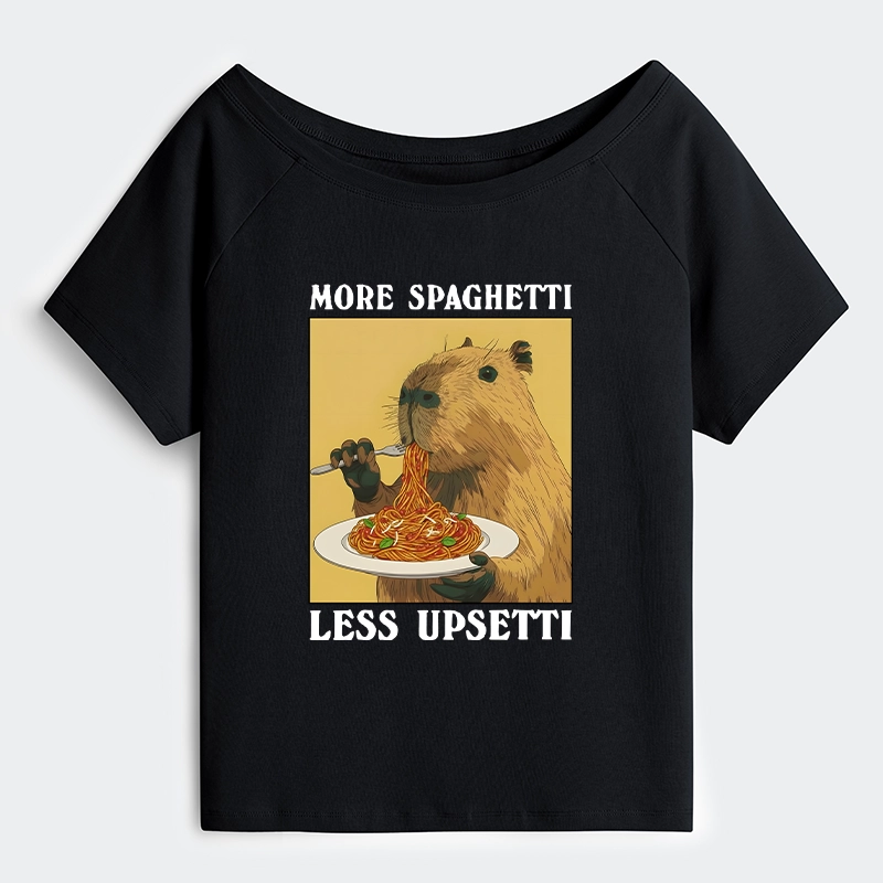 Tokyo-Tiger Capybara Eating Pasta Off Shoulder T-Shirt