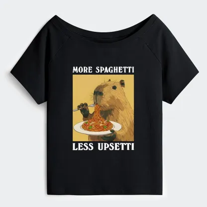 Tokyo-Tiger Capybara Eating Pasta Off Shoulder T-Shirt