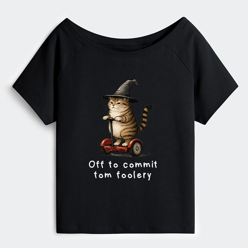 Tokyo-Tiger Orange Cat Riding Segway-style Off Shoulder T-Shirt