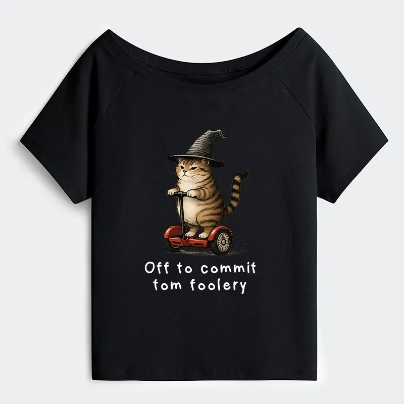 Tokyo-Tiger Orange Cat Riding Segway-style Off Shoulder T-Shirt