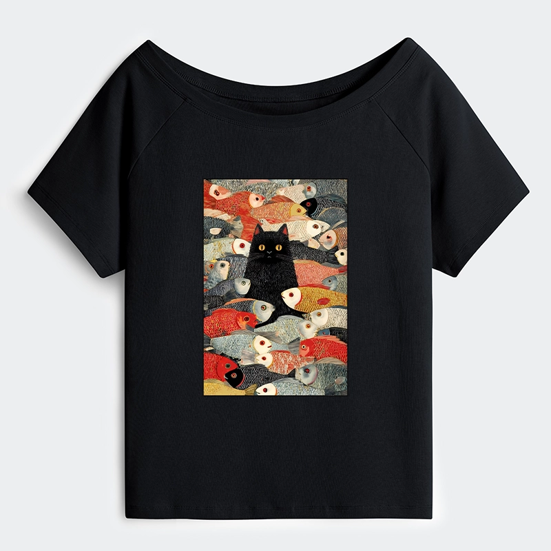 Tokyo-Tiger Cats And Fish Off Shoulder T-Shirt