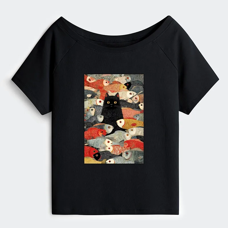 Tokyo-Tiger Cats And Fish Off Shoulder T-Shirt