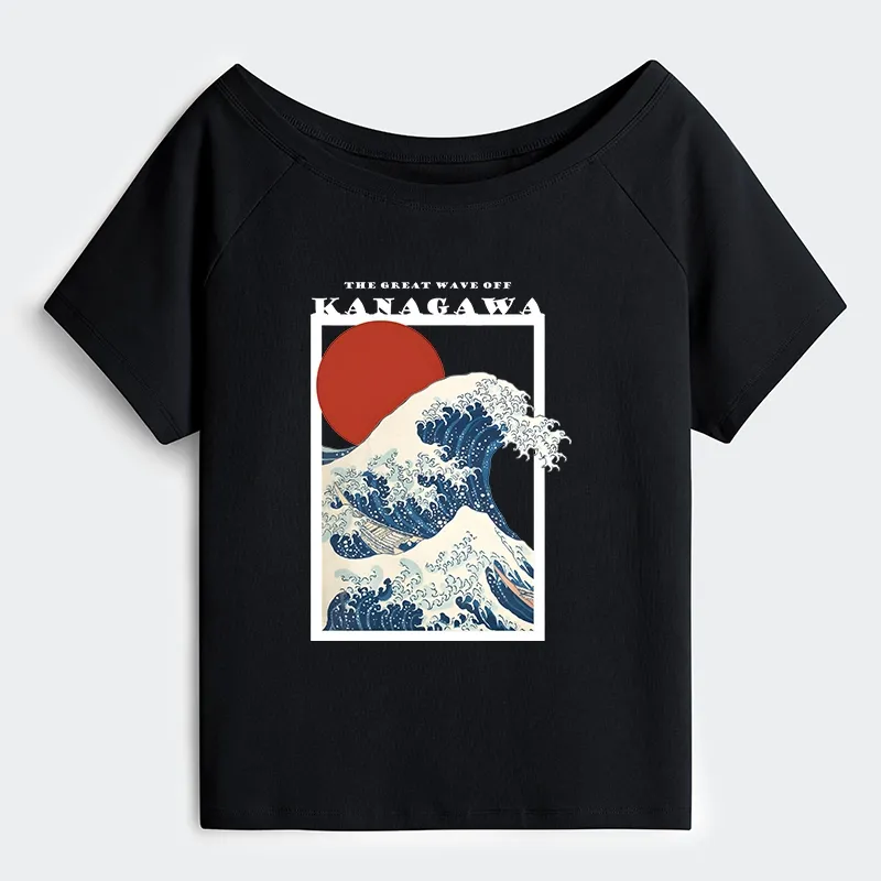 Tokyo-Tiger Minimalist Ukiyo-e Waves Off Shoulder T-Shirt