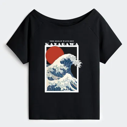Tokyo-Tiger Minimalist Ukiyo-e Waves Off Shoulder T-Shirt