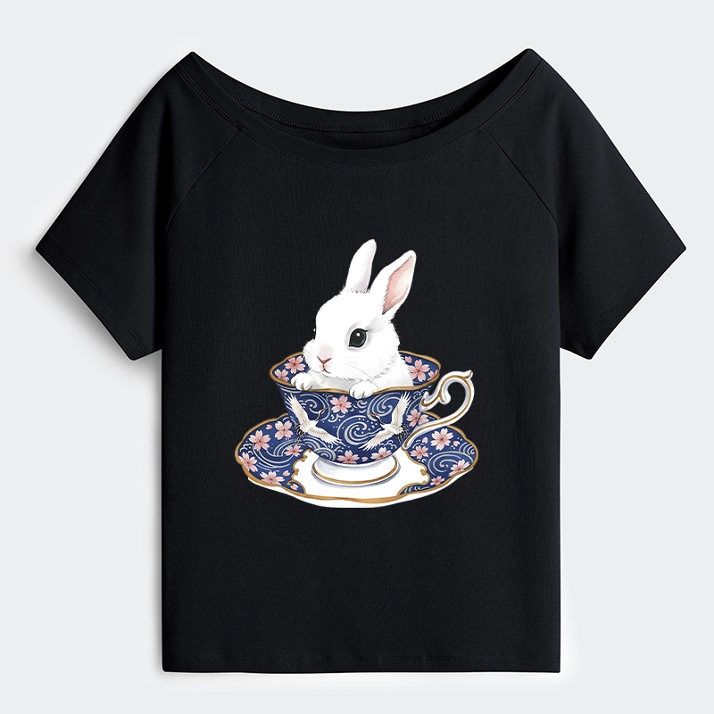 Tokyo-Tiger Cute Rabbit Tea Set Off Shoulder T-Shirt