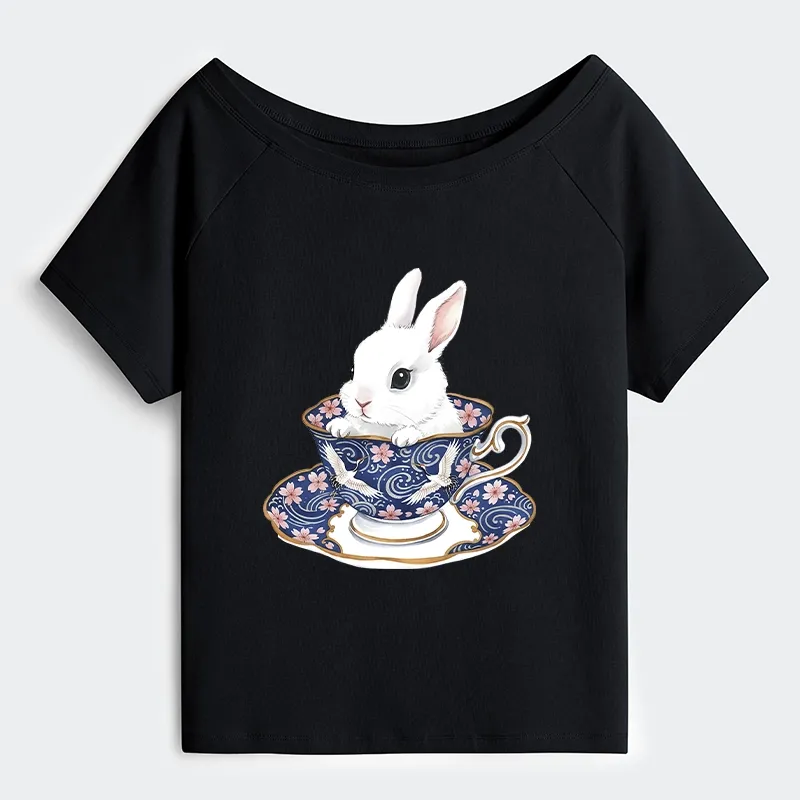 Tokyo-Tiger Cute Rabbit Tea Set Off Shoulder T-Shirt
