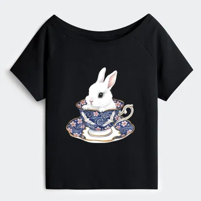 Tokyo-Tiger Cute Rabbit Tea Set Off Shoulder T-Shirt