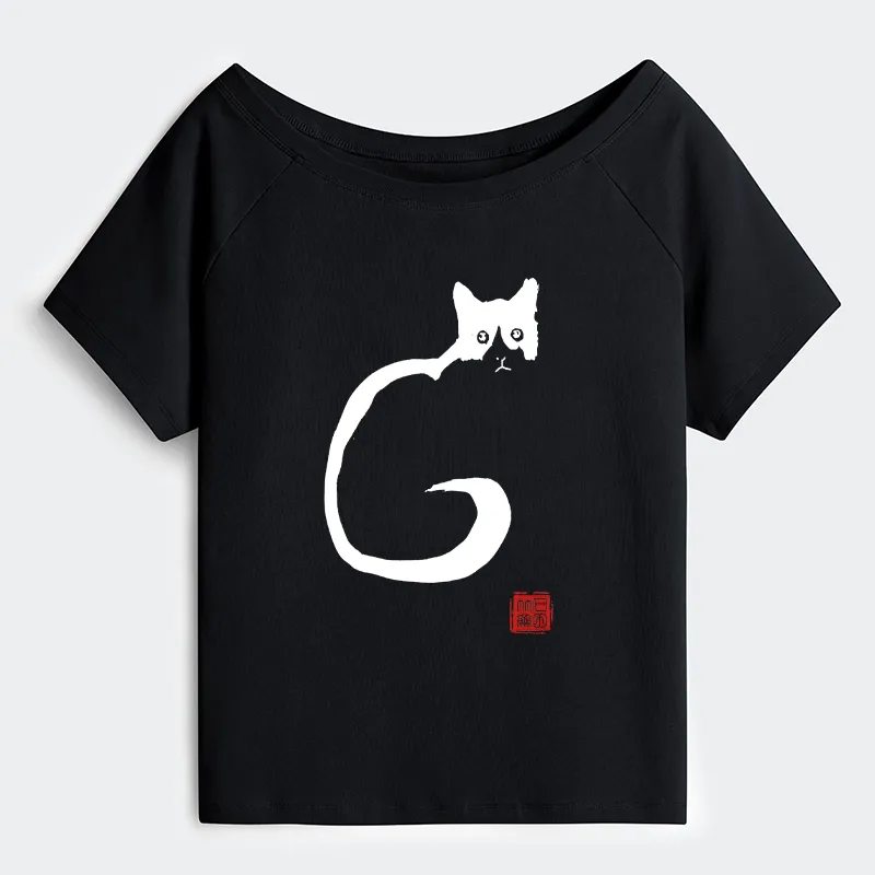 Tokyo-Tiger Calm Cat In Simple Lines Off Shoulder T-Shirt