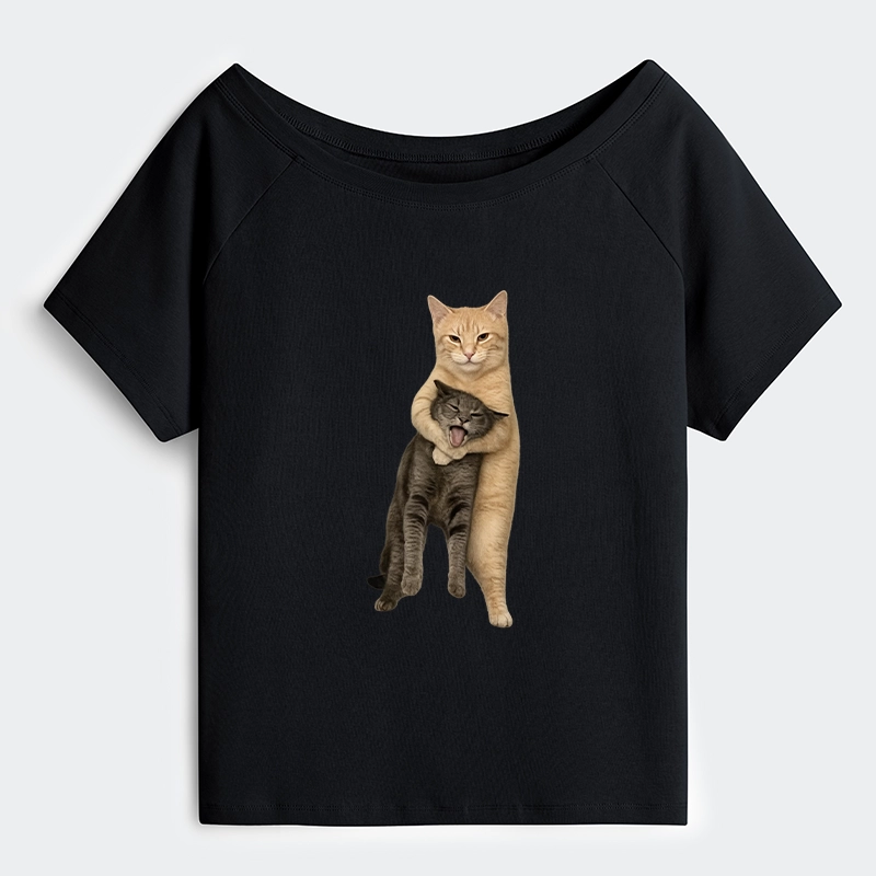 Tokyo-Tiger Orange Cat’s Tight Embrace Off Shoulder T-Shirt
