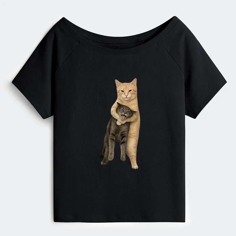 Tokyo-Tiger Orange Cat’s Tight Embrace Off Shoulder T-Shirt Sale