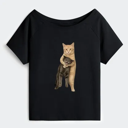 Tokyo-Tiger Orange Cat’s Tight Embrace Off Shoulder T-Shirt