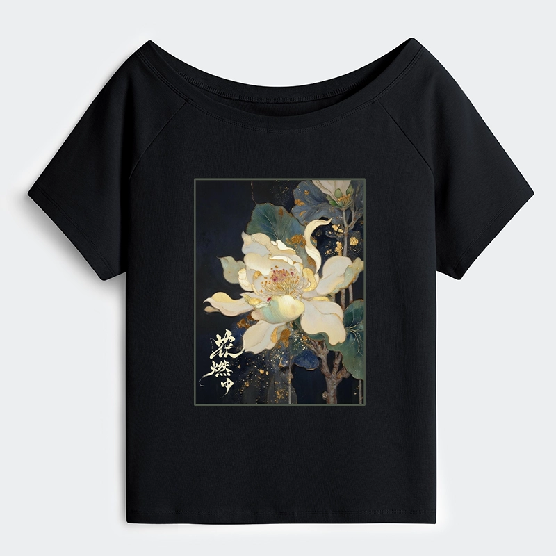 Tokyo-Tiger Lotus Adorned With Golden Specks Off Shoulder T-Shirt