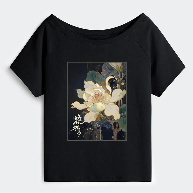 Tokyo-Tiger Lotus Adorned With Golden Specks Off Shoulder T-Shirt
