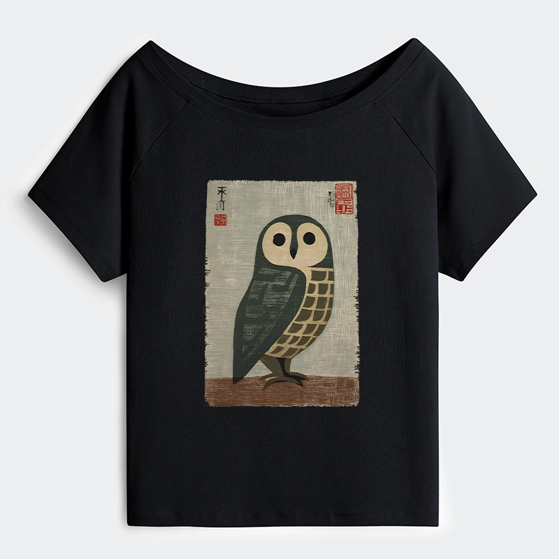 Tokyo-Tiger Traditional Owl In Japanese Art Off Shoulder T-Shirt