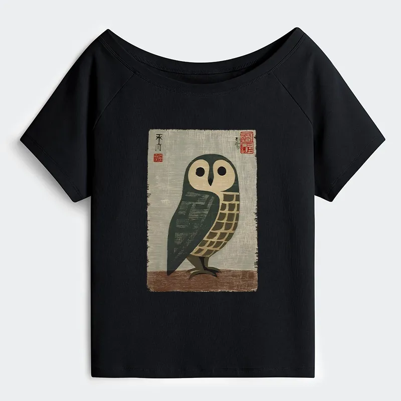 Tokyo-Tiger Traditional Owl In Japanese Art Off Shoulder T-Shirt