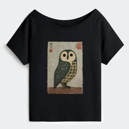 Tokyo-Tiger Traditional Owl In Japanese Art Off Shoulder T-Shirt