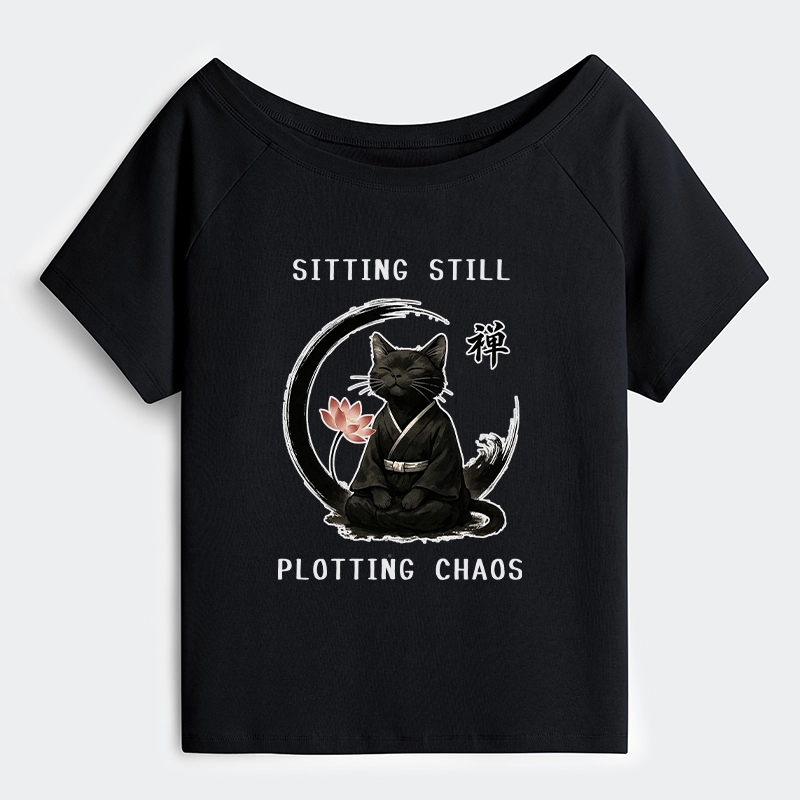 Tokyo-Tiger Sitting still  plotting chaos Calming Zen Cat Funny Off Shoulder T-Shirt