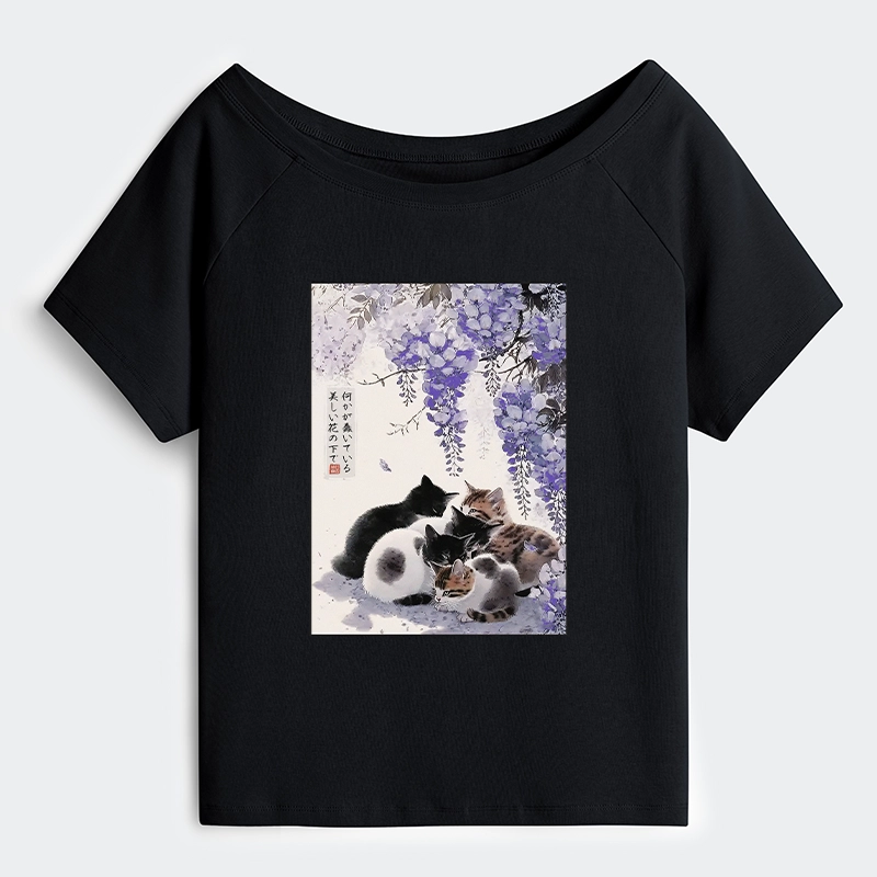 Tokyo-Tiger Cats plotting under the wisteria Off Shoulder T-Shirt