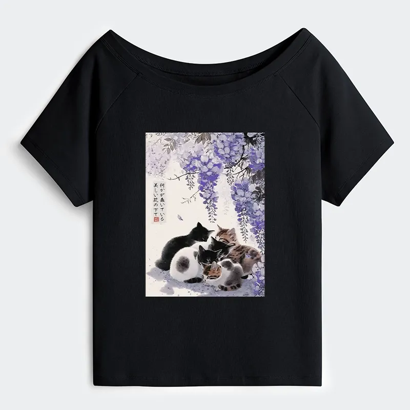 Tokyo-Tiger Cats plotting under the wisteria Off Shoulder T-Shirt