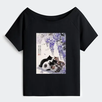 Tokyo-Tiger Cats plotting under the wisteria Off Shoulder T-Shirt