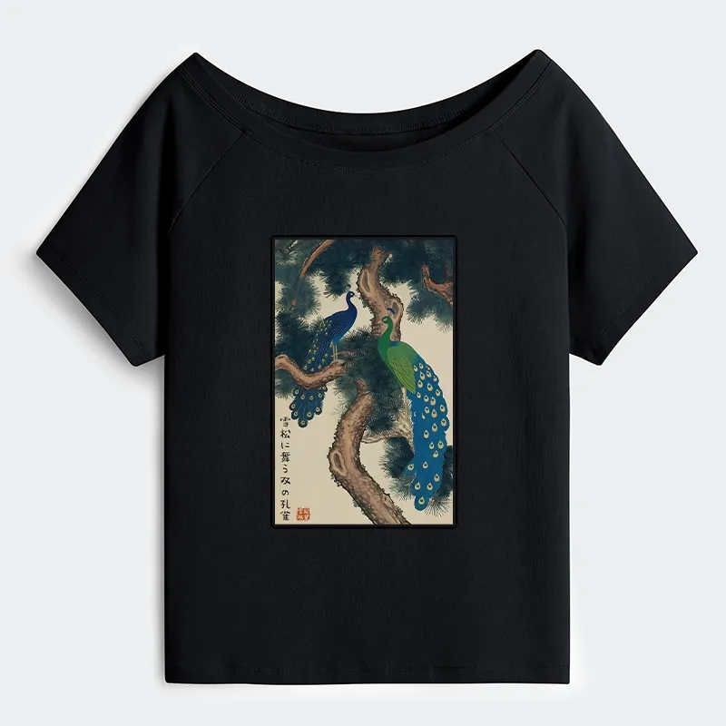 Tokyo-Tiger Peacocks in Snowy Pines Off Shoulder T-Shirt