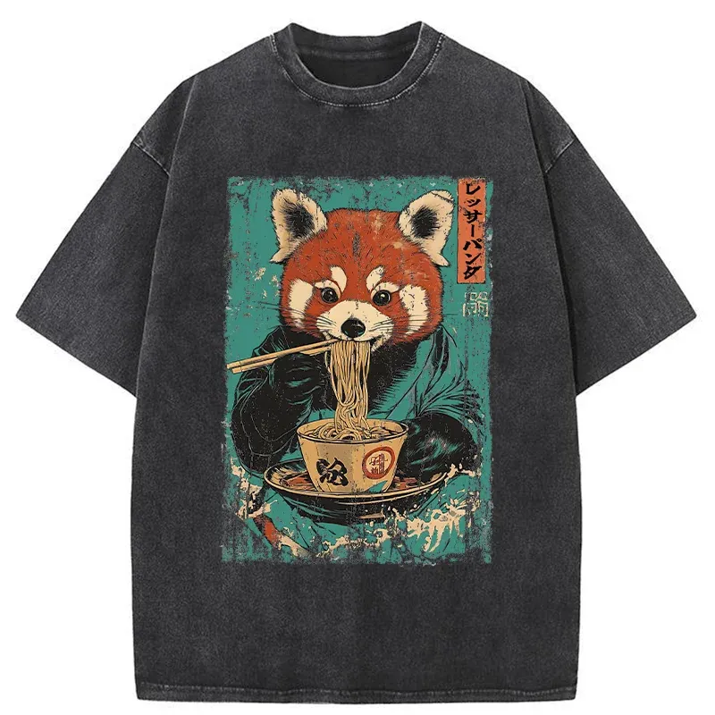 Tokyo-Tiger Raccoon Eating Ramen Washed T-Shirt
