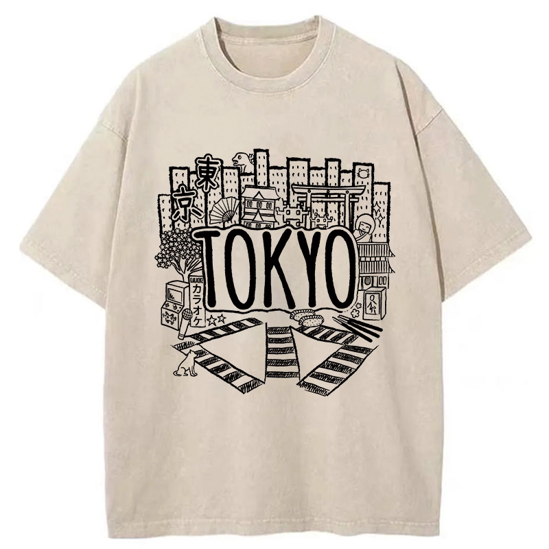 Tokyo-Tiger Cityscape Of Tokyo Washed T-Shirt