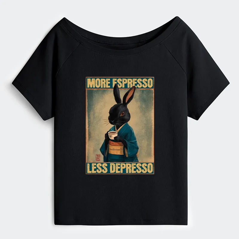 Tokyo-Tiger More Espresso Less Depresso Rabbit Off Shoulder T-Shirt