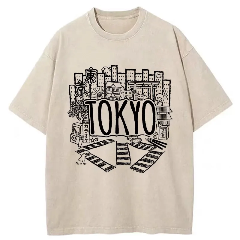 Tokyo-Tiger Cityscape Of Tokyo Washed T-Shirt