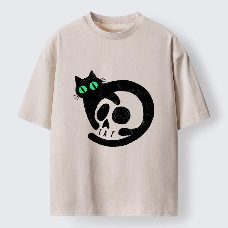 Tokyo-Tiger Spooky Black Cat Skull Meme Washed T-Shirt