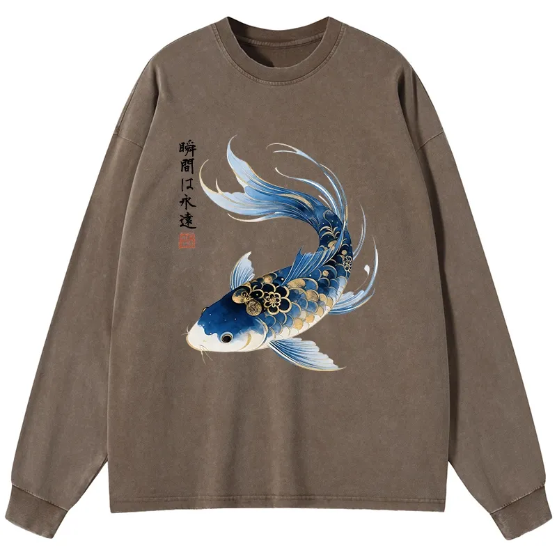 Tokyo-Tiger Elegant Koi Fish Watercolor Art Washed Long Sleeve T-Shirt