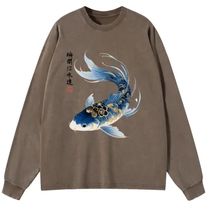 Tokyo-Tiger Elegant Koi Fish Watercolor Art Washed Long Sleeve T-Shirt
