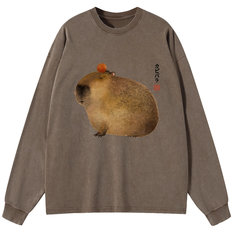 Tokyo-Tiger Calm Capybara Illustration Washed Long Sleeve T-Shirt
