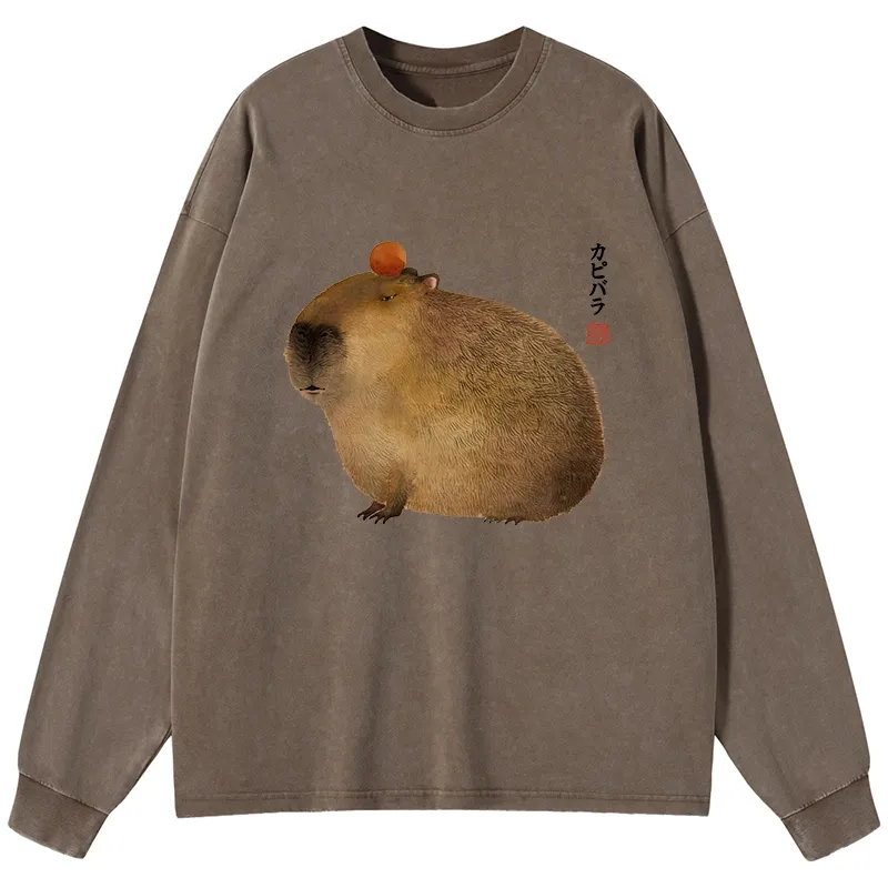 Tokyo-Tiger Calm Capybara Illustration Washed Long Sleeve T-Shirt